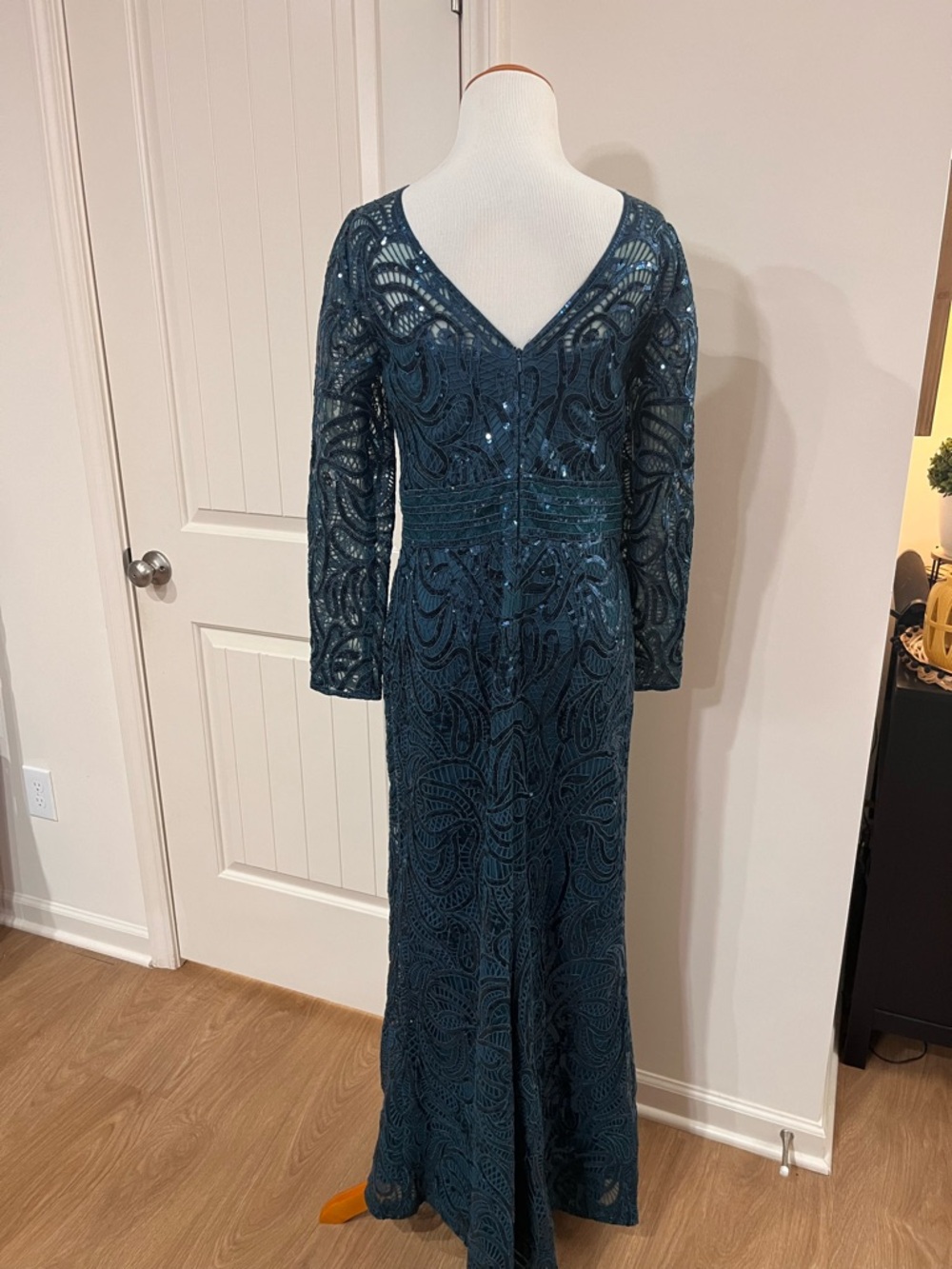 Tadashi Shoji Teal Long Sleeve Sequin Lace Gown - Picture 5 of 7